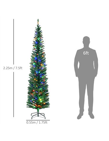 HOMCOM 7.5' Artificial Prelit Christmas Trees Holiday Décor with Colourful LED Lights, Pencil Shape, Steel Base