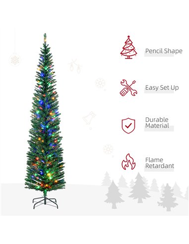 HOMCOM 7.5' Artificial Prelit Christmas Trees Holiday Décor with Colourful LED Lights, Pencil Shape, Steel Base