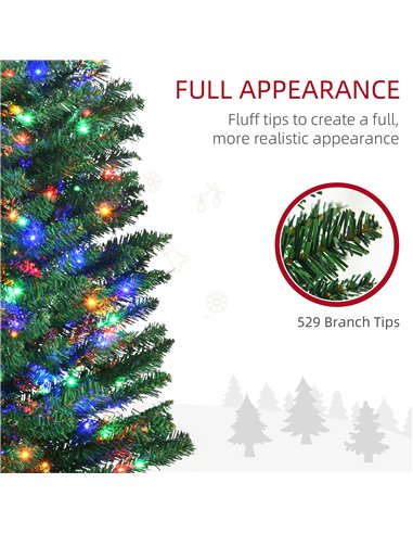 HOMCOM 7.5' Artificial Prelit Christmas Trees Holiday Décor with Colourful LED Lights, Pencil Shape, Steel Base
