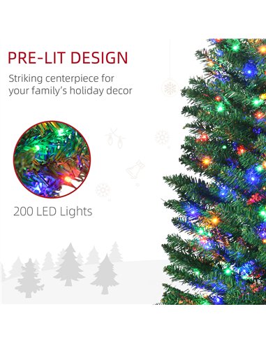 HOMCOM 7.5' Artificial Prelit Christmas Trees Holiday Décor with Colourful LED Lights, Pencil Shape, Steel Base