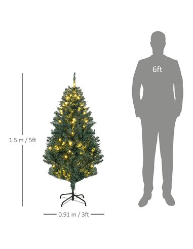 HOMCOM 5' Artificial Prelit Christmas Trees Holiday Décor with Warm White LED Lights, Decoration, Banner, Tag, Ball