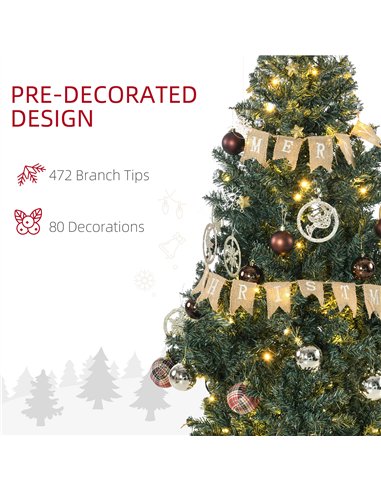 HOMCOM 5' Artificial Prelit Christmas Trees Holiday Décor with Warm White LED Lights, Decoration, Banner, Tag, Ball