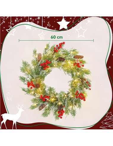HOMCOM 60 cm Prelit Christmas Wreath, Door Wreath with Realistic Branches, 30 Warm White LEDs, Timer, Battery Operated