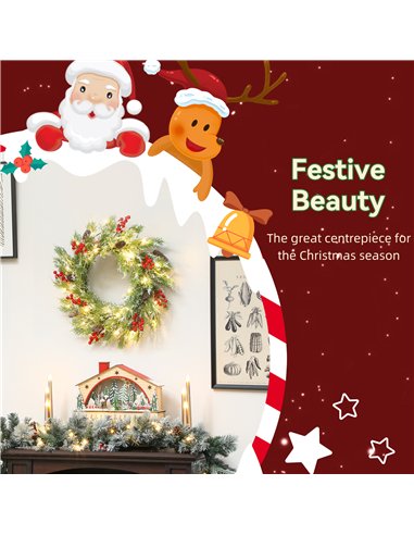 HOMCOM 60 cm Prelit Christmas Wreath, Door Wreath with Realistic Branches, 30 Warm White LEDs, Timer, Battery Operated