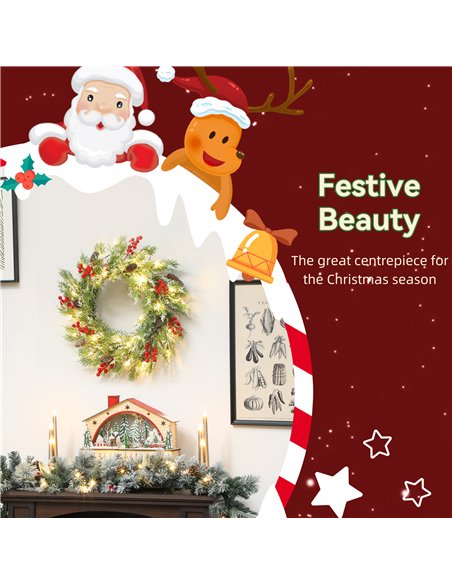 HOMCOM 60 cm Prelit Christmas Wreath, Door Wreath with Realistic Branches, 30 Warm White LEDs, Timer, Battery Operated - pic 201548 | FastDaddyshop