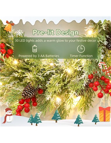 HOMCOM 60 cm Prelit Christmas Wreath, Door Wreath with Realistic Branches, 30 Warm White LEDs, Timer, Battery Operated