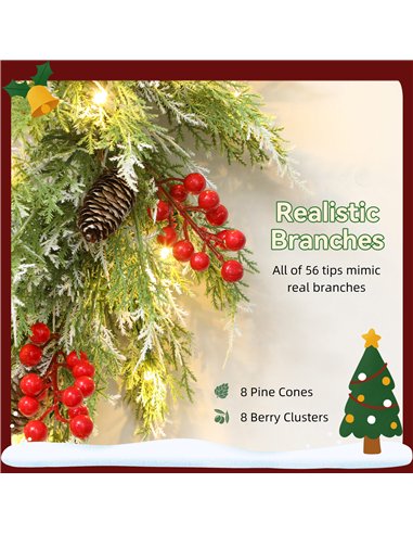 HOMCOM 60 cm Prelit Christmas Wreath, Door Wreath with Realistic Branches, 30 Warm White LEDs, Timer, Battery Operated