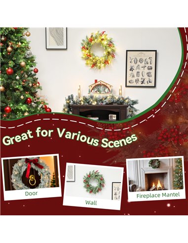 HOMCOM 60 cm Prelit Christmas Wreath, Door Wreath with Realistic Branches, 30 Warm White LEDs, Timer, Battery Operated