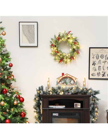 HOMCOM 60 cm Prelit Christmas Wreath, Door Wreath with Realistic Branches, 30 Warm White LEDs, Timer, Battery Operated - pic 201552 | FastDaddyshop