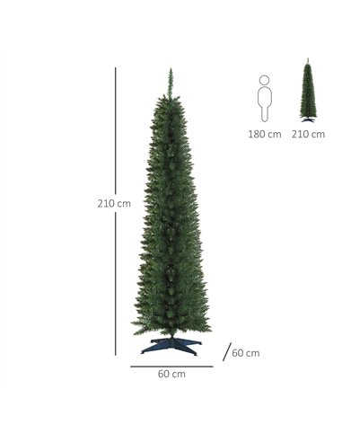 HOMCOM 7ft Unlit Artificial Christmas Tree, Pencil Slim Xmas Tree with Solid Stand and Realistic Branches, Green