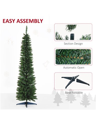 HOMCOM 7ft Unlit Artificial Christmas Tree, Pencil Slim Xmas Tree with Solid Stand and Realistic Branches, Green