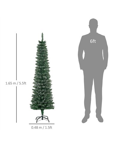 HOMCOM 5.5FT Artificial Snow Dipped Christmas Tree Xmas Pencil Tree Holiday Home Indoor Decoration with Foldable Black Stand, Gr
