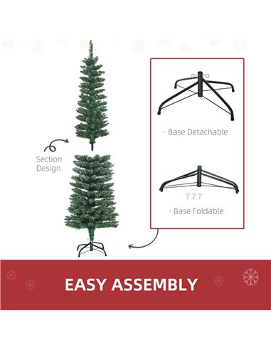 HOMCOM 5.5FT Artificial Snow Dipped Christmas Tree Xmas Pencil Tree Holiday Home Indoor Decoration with Foldable Black Stand, Gr