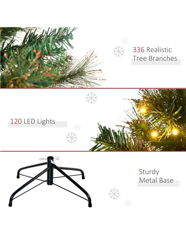 HOMCOM 1.5m 5ft Pre-Lit Christmas Tree Artificial Spruce Xmas Tree Warm White LED Holiday Décor with Metal Stand