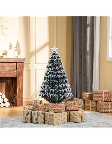 HOMCOM 4ft Artificial Prelit Christmas Tree, Snow Xmas Tree with Colourful LED Lighting Fiber Optics, Green White