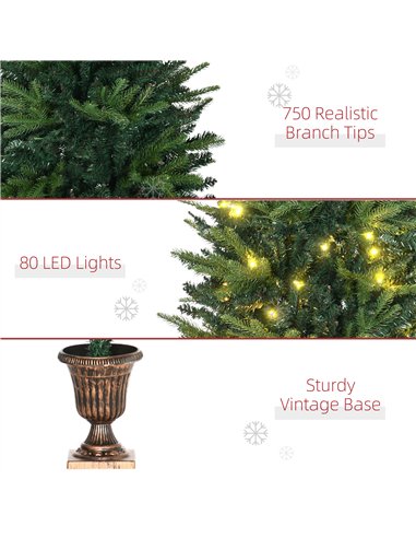 HOMCOM 1.2m 4ft Christmas Tree Entrance Décor 750 Tips Xmas Pre-lit Tree 80 LED with Vase Base