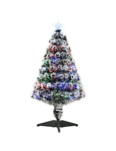 HOMCOM 3ft Artificial Prelit Christmas Tree, Snow Xmas Tree with Colourful LED Lighting Fiber Optics, Green White