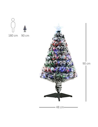 HOMCOM 3ft Artificial Prelit Christmas Tree, Snow Xmas Tree with Colourful LED Lighting Fiber Optics, Green White
