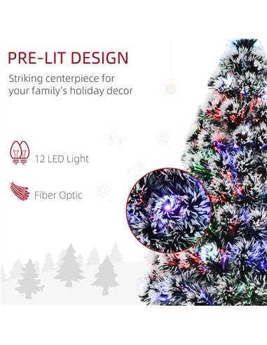 HOMCOM 3ft Artificial Prelit Christmas Tree, Snow Xmas Tree with Colourful LED Lighting Fiber Optics, Green White