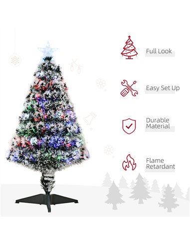 HOMCOM 3ft Artificial Prelit Christmas Tree, Snow Xmas Tree with Colourful LED Lighting Fiber Optics, Green White