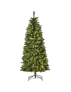 HOMCOM 5FT Prelit Artificial Pencil Christmas Tree with Warm White LED Light, Red Berry, Holiday Home Xmas Decoration, Green
