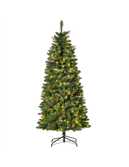 HOMCOM 5FT Prelit Artificial Pencil Christmas Tree with Warm White LED Light, Red Berry, Holiday Home Xmas Decoration, Green - pic 201680 | FastDaddyshop