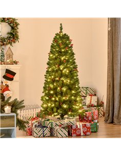 HOMCOM 5FT Prelit Artificial Pencil Christmas Tree with Warm White LED Light, Red Berry, Holiday Home Xmas Decoration, Green 2