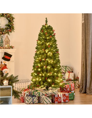 HOMCOM 5FT Prelit Artificial Pencil Christmas Tree with Warm White LED Light, Red Berry, Holiday Home Xmas Decoration, Green
