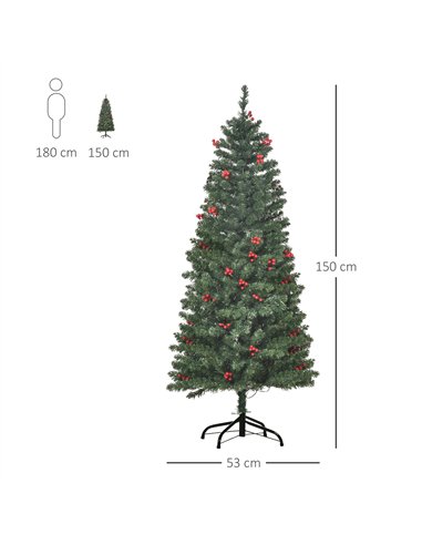 HOMCOM 5FT Prelit Artificial Pencil Christmas Tree with Warm White LED Light, Red Berry, Holiday Home Xmas Decoration, Green