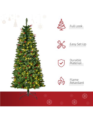 HOMCOM 5FT Prelit Artificial Pencil Christmas Tree with Warm White LED Light, Red Berry, Holiday Home Xmas Decoration, Green