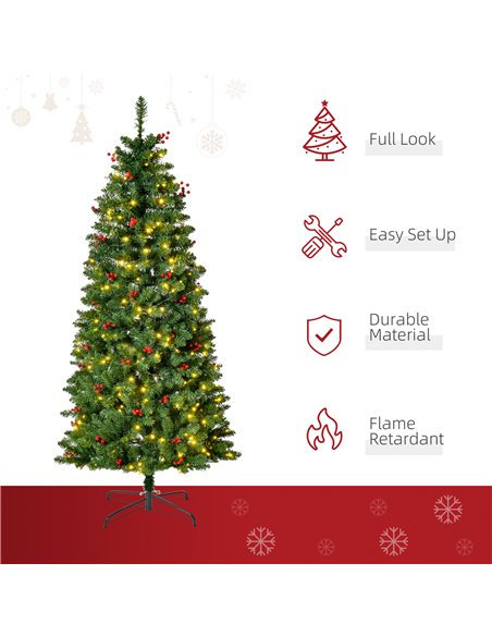 HOMCOM 5FT Prelit Artificial Pencil Christmas Tree with Warm White LED Light, Red Berry, Holiday Home Xmas Decoration, Green - pic 201683 | FastDaddyshop