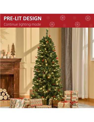 HOMCOM 5FT Prelit Artificial Pencil Christmas Tree with Warm White LED Light, Red Berry, Holiday Home Xmas Decoration, Green