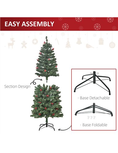 HOMCOM 5FT Prelit Artificial Pencil Christmas Tree with Warm White LED Light, Red Berry, Holiday Home Xmas Decoration, Green