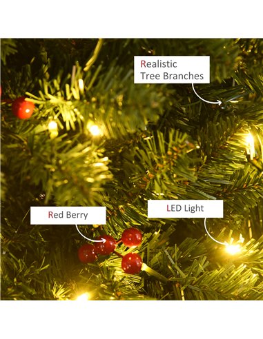 HOMCOM 5FT Prelit Artificial Pencil Christmas Tree with Warm White LED Light, Red Berry, Holiday Home Xmas Decoration, Green
