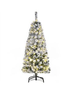 HOMCOM 4FT Prelit Artificial Snow Flocked Christmas Tree with Warm White LED Light, Holiday Home Xmas Decoration, Green White