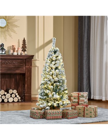 HOMCOM 4FT Prelit Artificial Snow Flocked Christmas Tree with Warm White LED Light, Holiday Home Xmas Decoration, Green White