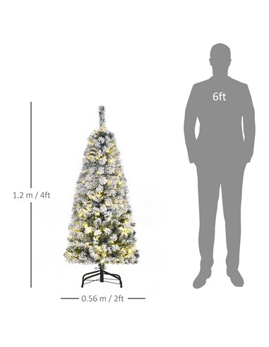 HOMCOM 4FT Prelit Artificial Snow Flocked Christmas Tree with Warm White LED Light, Holiday Home Xmas Decoration, Green White