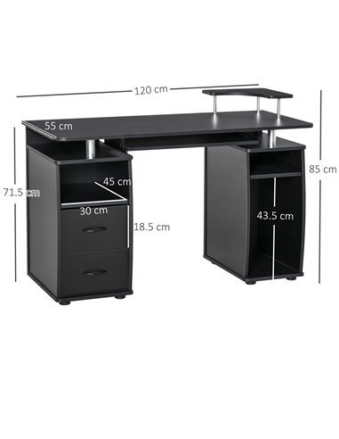 HOMCOM Computer Desk with Keyboard Tray, Drawers, Sliding Scanner Shelf, Black