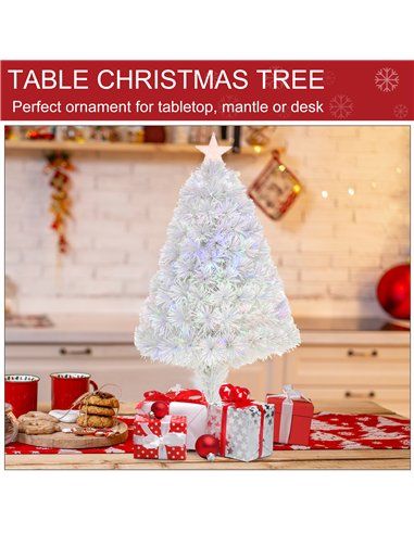 HOMCOM 2.5FT Prelit Artificial Tabletop Christmas Tree with Fibre Optics Holiday Home Xmas Decoration for Table and Desk, White