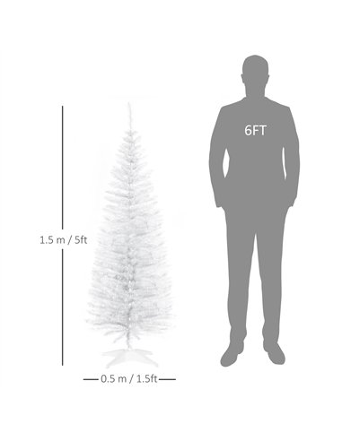 HOMCOM 5ft Unlit Artificial Christmas Tree, Pencil Slim Xmas Tree with Solid Stand and Realistic Branches, White