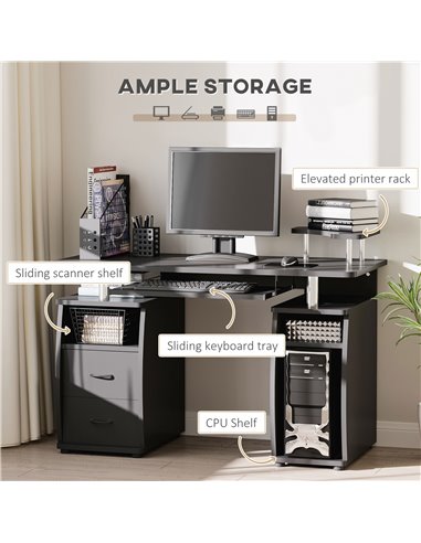 HOMCOM Computer Desk with Keyboard Tray, Drawers, Sliding Scanner Shelf, Black