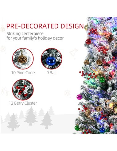 HOMCOM 6' Artificial Prelit Christmas Trees Holiday Décor with Colourful LED Lights, Flocked Tips, Berry, Pine Cone