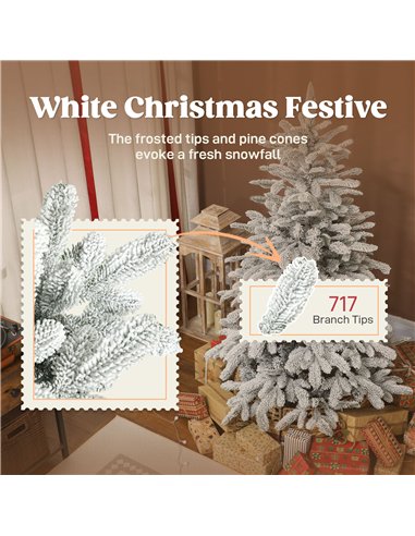 HOMCOM 5 ft Artificial Flocked Christmas Tree with 717 Branches, Hinged Xmas Tree with Foldable Metal Stand, Easy Assembly for H