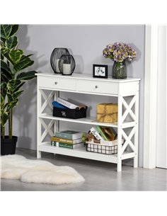 HOMCOM Console Table Side Desk with Shelves, Drawers, White 2
