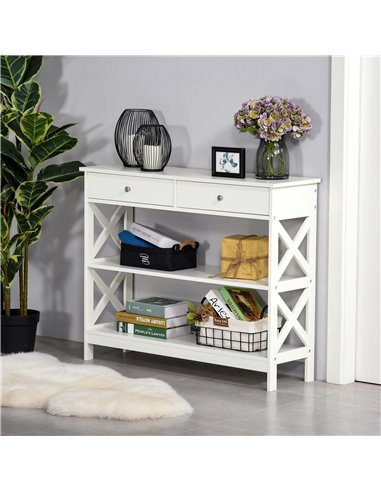 HOMCOM Console Table Side Desk with Shelves, Drawers, White