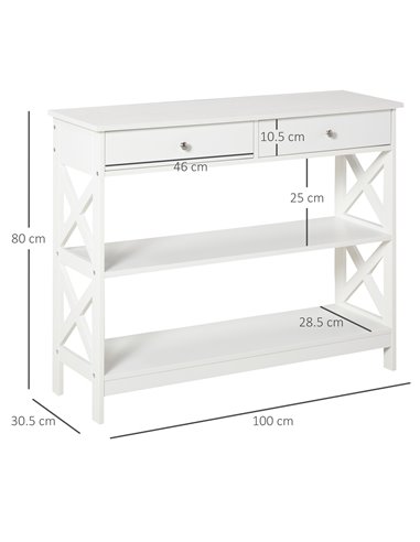 HOMCOM Console Table Side Desk with Shelves, Drawers, White