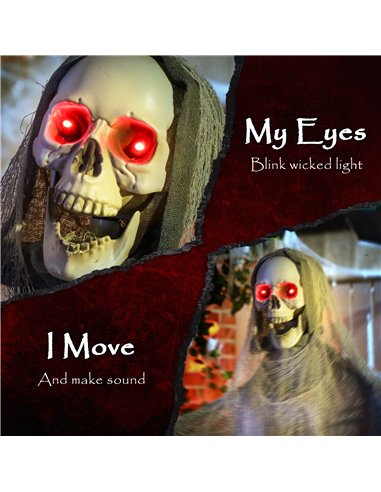 Outsunny 183 cm Life Size Halloween Animated Skeleton Grim Reaper with Glowing LED Eyes, Scary Halloween Decorations, Battery Op