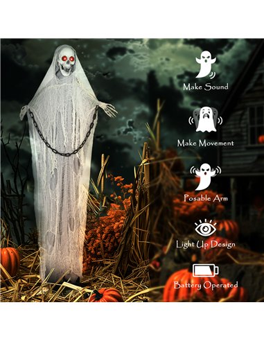 Outsunny 183 cm Life Size Halloween Animated Skeleton Grim Reaper with Glowing LED Eyes, Scary Halloween Decorations, Battery Op