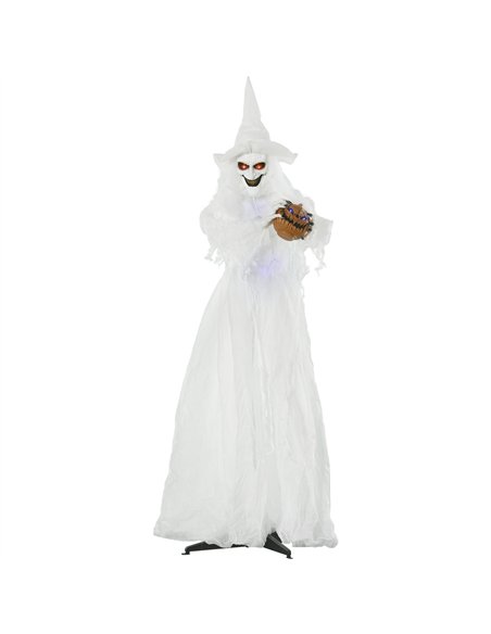 Outsunny 74 Inch Halloween Decorations White Witch Holding Pumpkin Head, Standing Skeleton Ghost Prop Life Size with Light Up Ey - pic 201914 | FastDaddyshop
