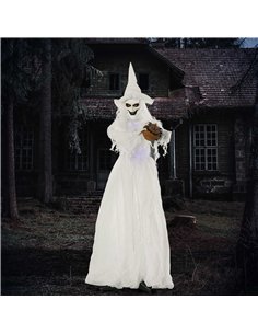 Outsunny 74 Inch Halloween Decorations White Witch Holding Pumpkin Head, Standing Skeleton Ghost Prop Life Size with Light Up Ey 2